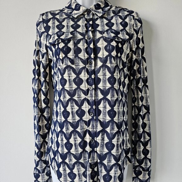 NWT TORY BURCH Navy Off White Print Kimber Blouse Top Shirt XS - Picture 2 of 10